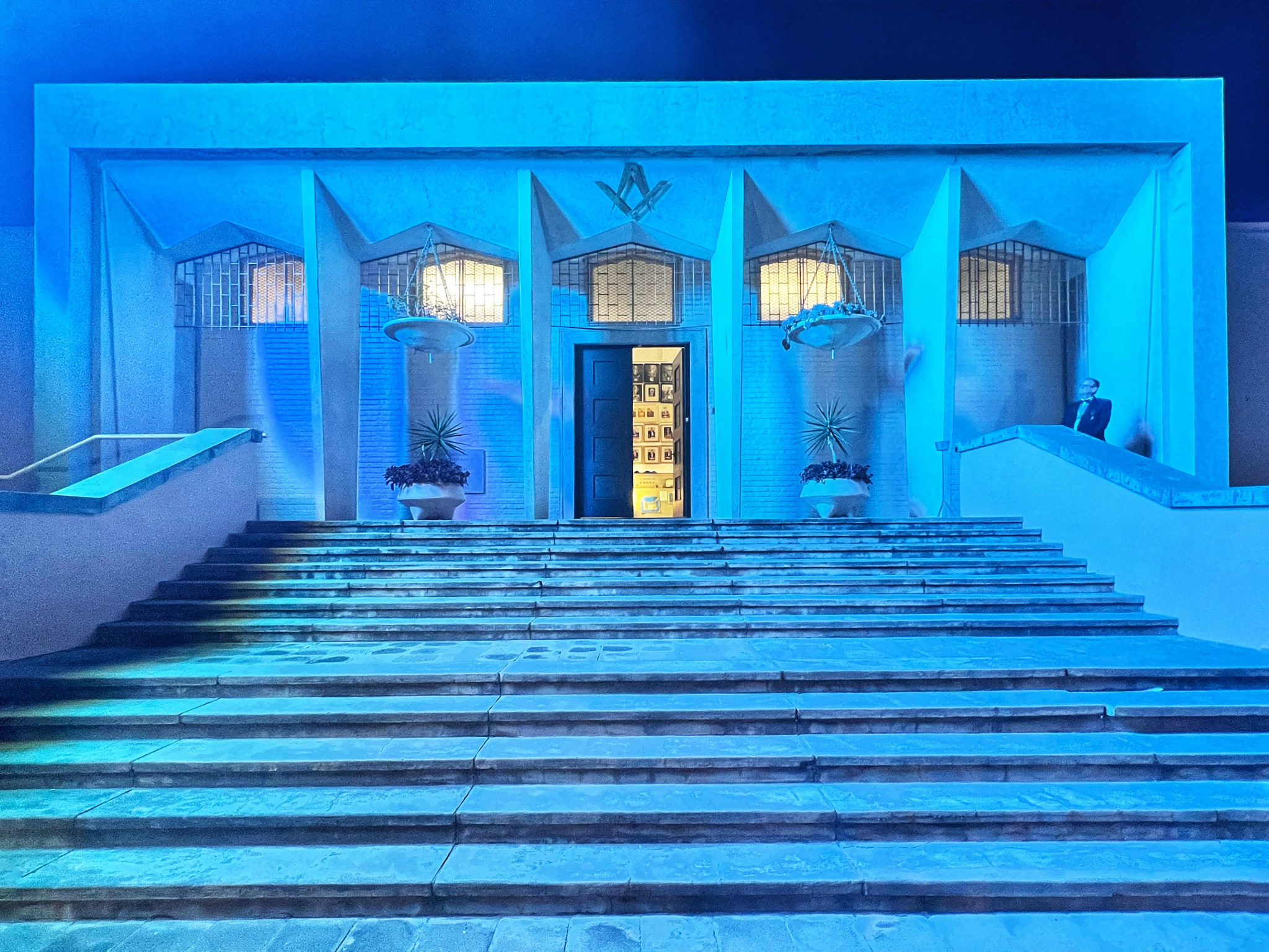 Freemasons Hall entrance in blue light